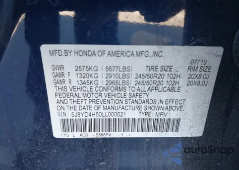 2020 Acura Mdx Technology Package from USA, damaged, VIN 5J8YD4H50LL000521